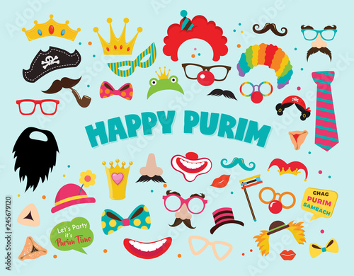 Design for Jewish holiday Purim with masks and traditional props. Vector illustration - Vector -Happy purim greeting in hebrew