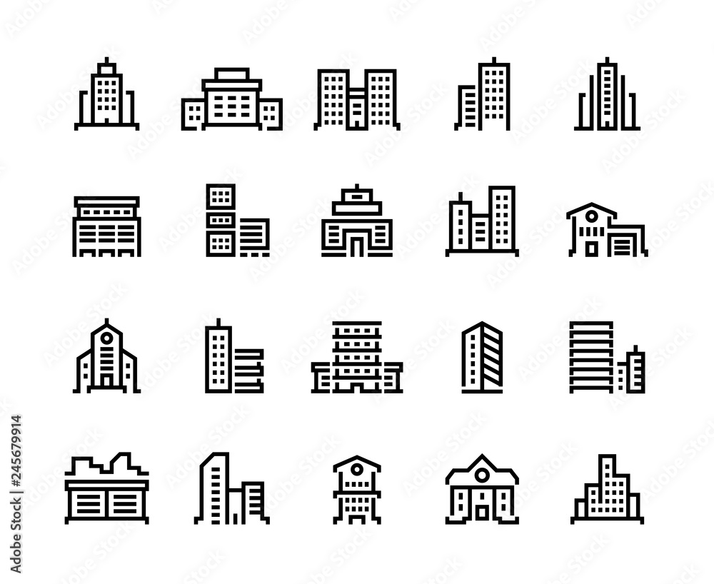 Building line icons. Business center with offices, municipal buildings, school and hospital. City constructions vector symbols