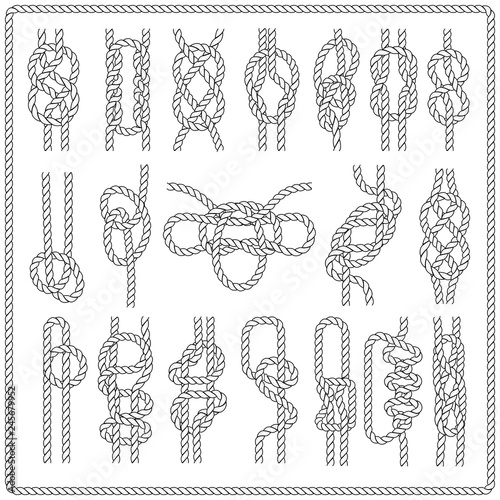 Nautical knot. Marine rope borders with knots, navy tying frames vector set