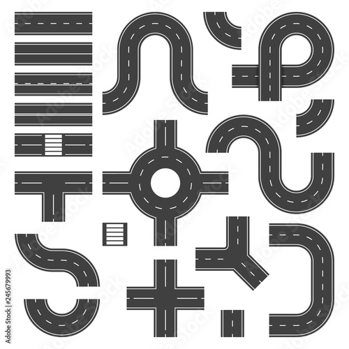 Top view road elements. Street junction and roads objects, asphalt city speedway. Traffic crossroad footpaths vector isolated set
