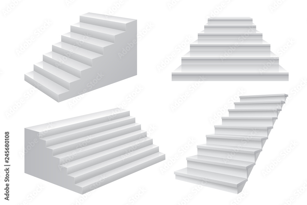 Realistic 3D stairs. Business career ladder to success staircase front view concept. Modern business vector template isolated on white Realistic 3D stairs. Business career ladder to success staircase front view concept. Modern business vector template isolated on white