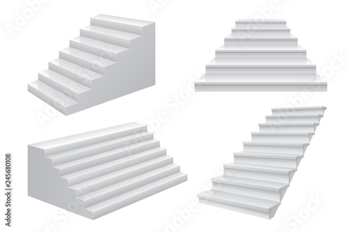 Realistic 3D stairs. Business career ladder to success staircase front view concept. Modern business vector template isolated on white