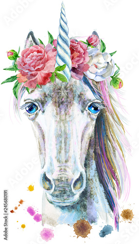 Watercolor portrait of a white unicorn with a flowers