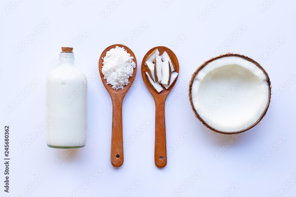 Coconut with coconut milk  on white