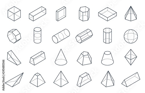 3D geometric shapes. Isometric linear forms, cube cone cylinder pyramid low polygon objects. Vector minimal isometric set photo
