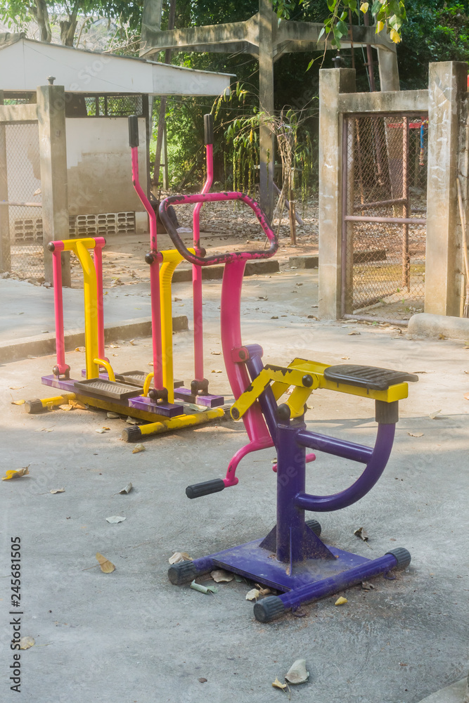 Outdoor fitness equipment in public park 
