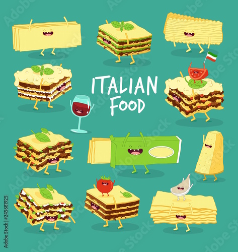 Set of different types of lasagne with Italian food. Vector illustration. You can use for cards, fridge magnets, stickers, posters or restaurant menu.