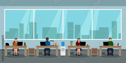 Multinational team workspace. Office interior. Vector illustration.