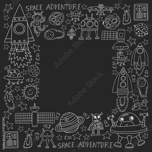 Vector set of space elements icons in doodle style. Painted  black monochrome  chalk pictures on a blackboard.