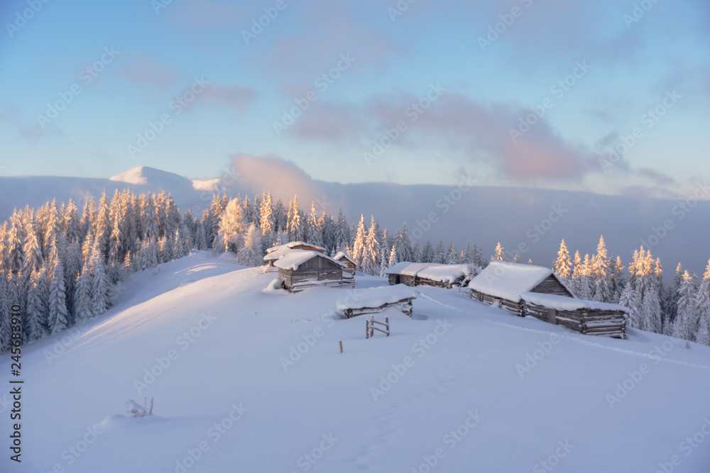 Wonderful morning in the mountainous valleys with houses in the Ukrainian Carpathians.