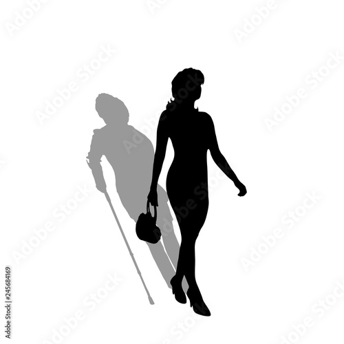 Young woman with shadow of old woman. Vector silhouette on white background. Illustration of aging symbol.
