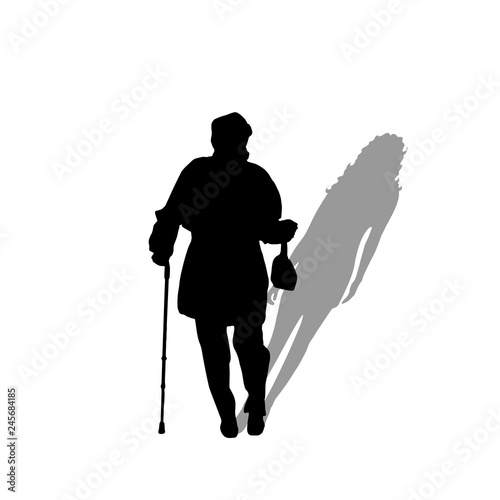 Old woman with shadow of young woman. Vector silhouette on white background. Illustration of aging symbol.