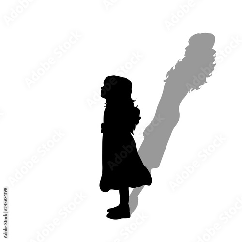 Child with shadow of adult woman. Vector silhouette on white background. Illustration of girl aging symbol.
