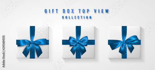 Set White Gift box with blue bow and ribbon top view. Element for decoration gifts, greetings, holidays. Vector illustration