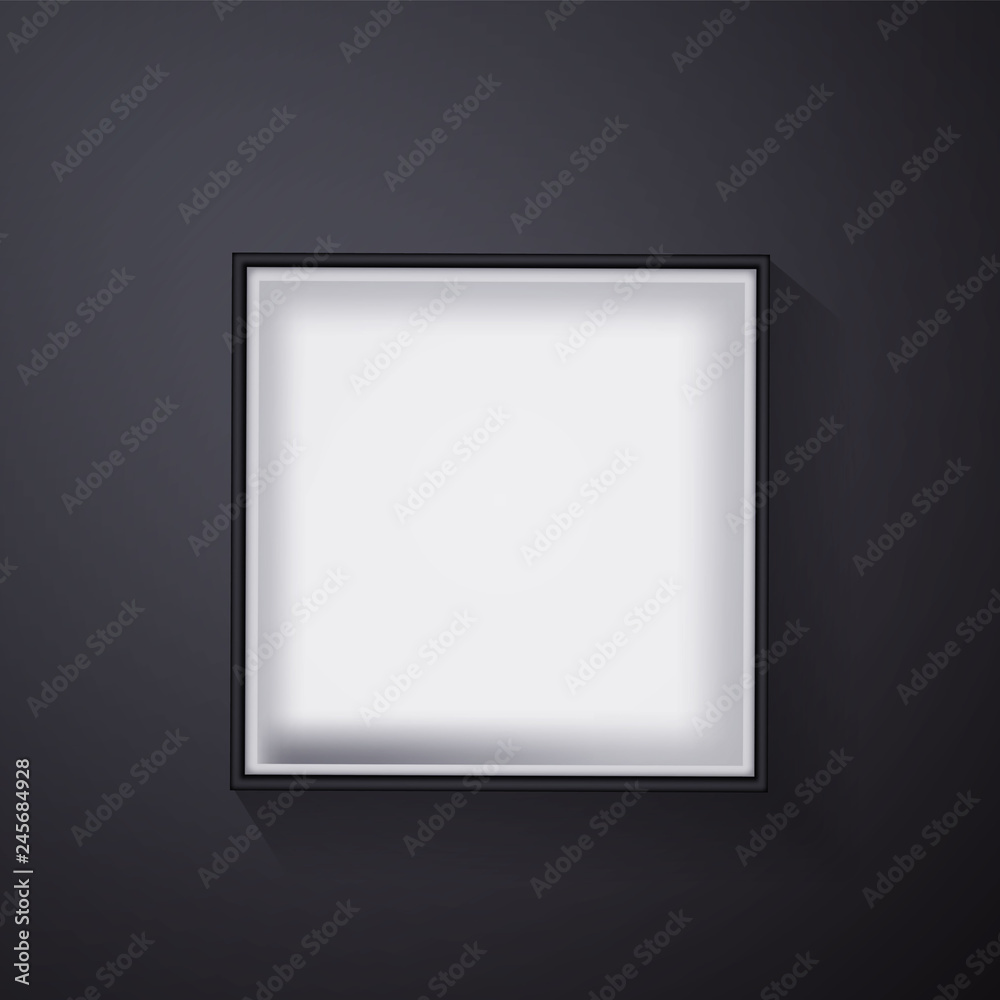Open black empty gift box on dark background. Top view. Template for your presentation, banner or poster. Vector illustration Open black empty gift box on dark background. Top view. Template for your presentation, banner or poster. Vector illustration