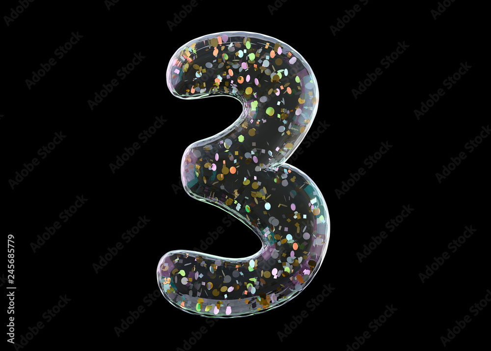 Naklejka premium Digit three. Alphabet from transparent foil balloons. 3D