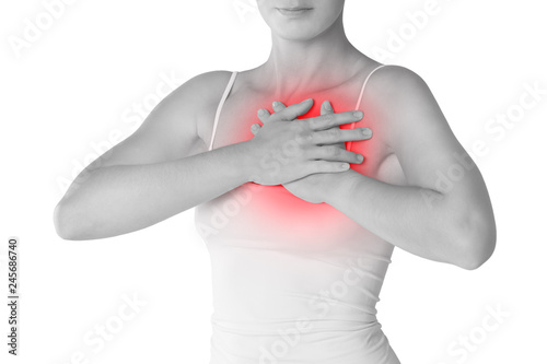 Woman's breast test, heart attack, pain in female body isolated on white background photo