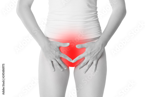 Woman with menstrual pain, stomachache isolated on white background