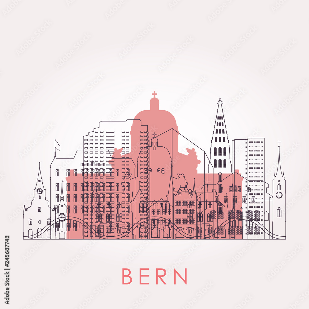 Outline Bern skyline with landmarks. Vector illustration. Business travel and tourism concept with historic buildings. Image for presentation, banner, placard and web site.