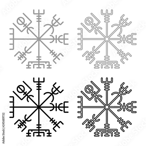 Vegvisir runic compass galdrastav Navigation compass symbol icon set grey black color illustration outline flat style simple image