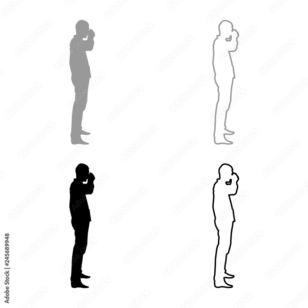 Man drinking from mug standing icon set grey black color illustration outline flat style simple image Man drinking from mug standing icon set grey black color illustration outline flat style simple image