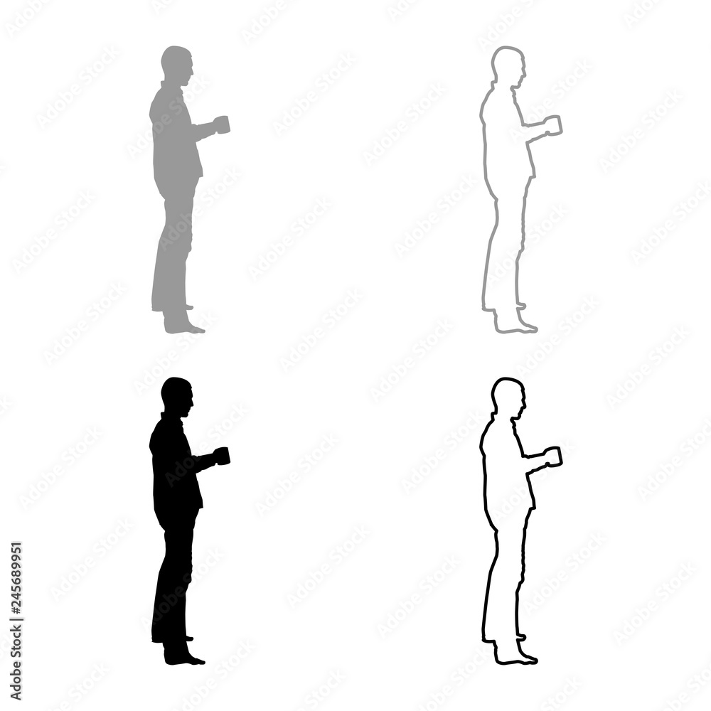 Man with mug standing granata icon set grey black color illustration outline flat style simple image Man with mug standing granata icon set grey black color illustration outline flat style simple image