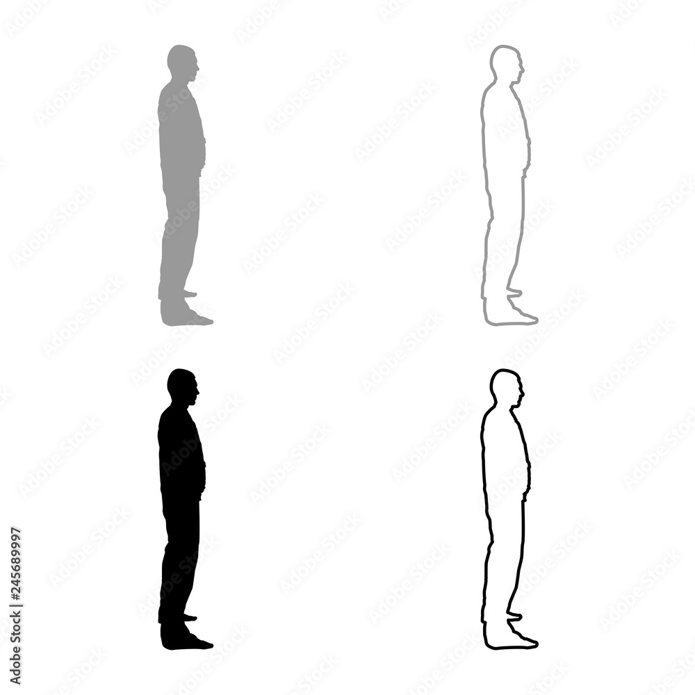 Man stands dressed in work clothes overalls and looks straight icon set grey black color illustration outline flat style simple image