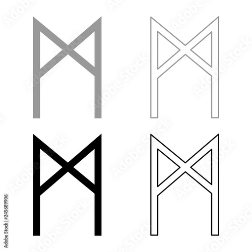 Mannaz rune man human symbol icon set grey black color illustration outline flat style simple image