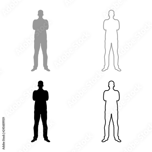 Man with folded arms Confidence concept business man icon set grey black color illustration outline flat style simple image