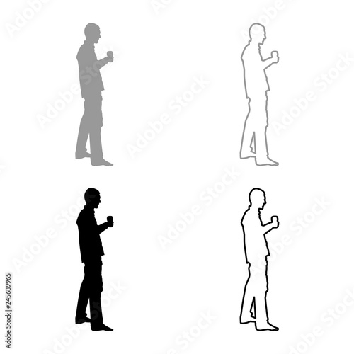 Man holds in hand glass of wine about to make toast Holiday concept icon set grey black color illustration outline flat style simple image