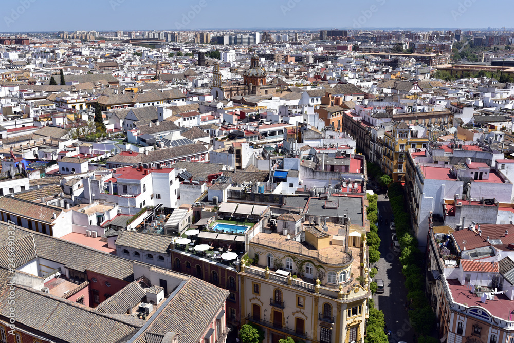 View of Seville's historic centre and Patio de las Narajnos from the tower of Seville Cathedral, Seville, Andalusia, Spain