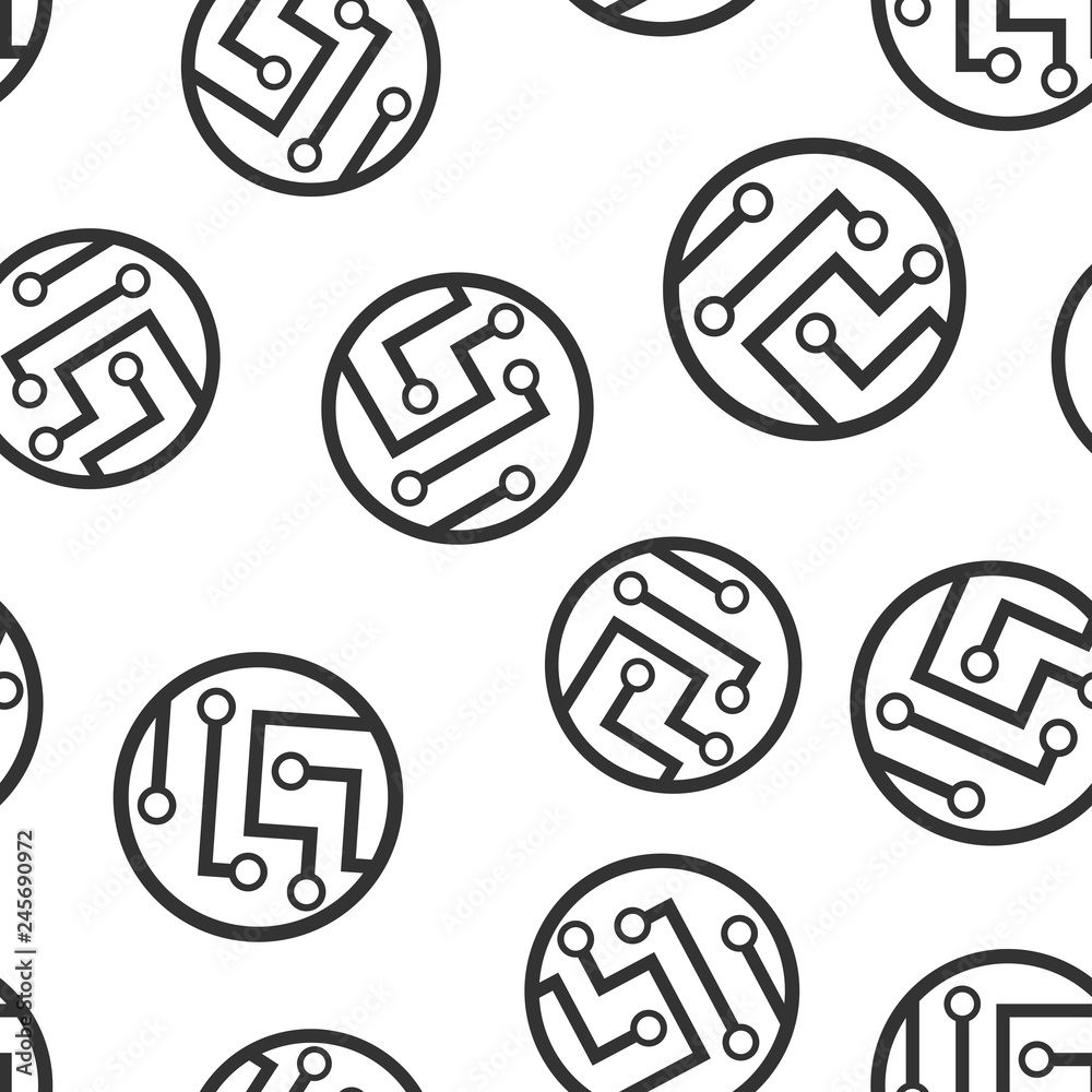 Naklejka premium Circuit board icon seamless pattern background. Technology microchip vector illustration. Processor motherboard symbol pattern.