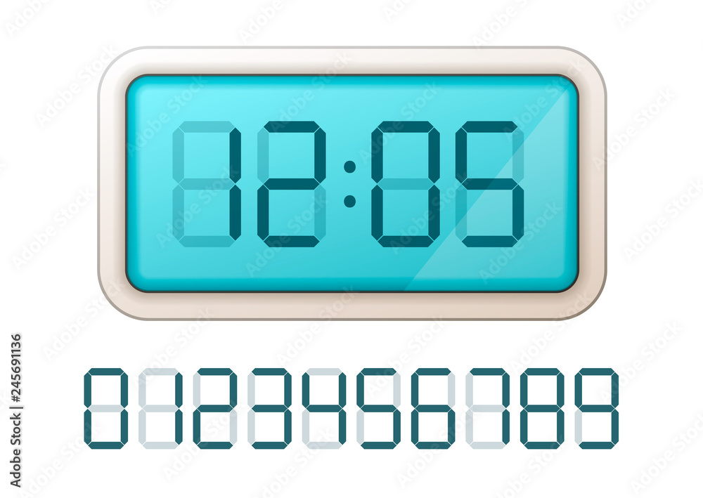 Blue digital clock display with set of retro electronic numbers on white Blue digital clock display with set of retro electronic numbers on white