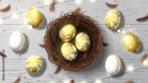 Happy Easter holiday banner. Beautiful background with realistic wicker nest, white and golden eggs, sparkling gold confetti, shining garland and chicken feathers. Greeting vector illustration.