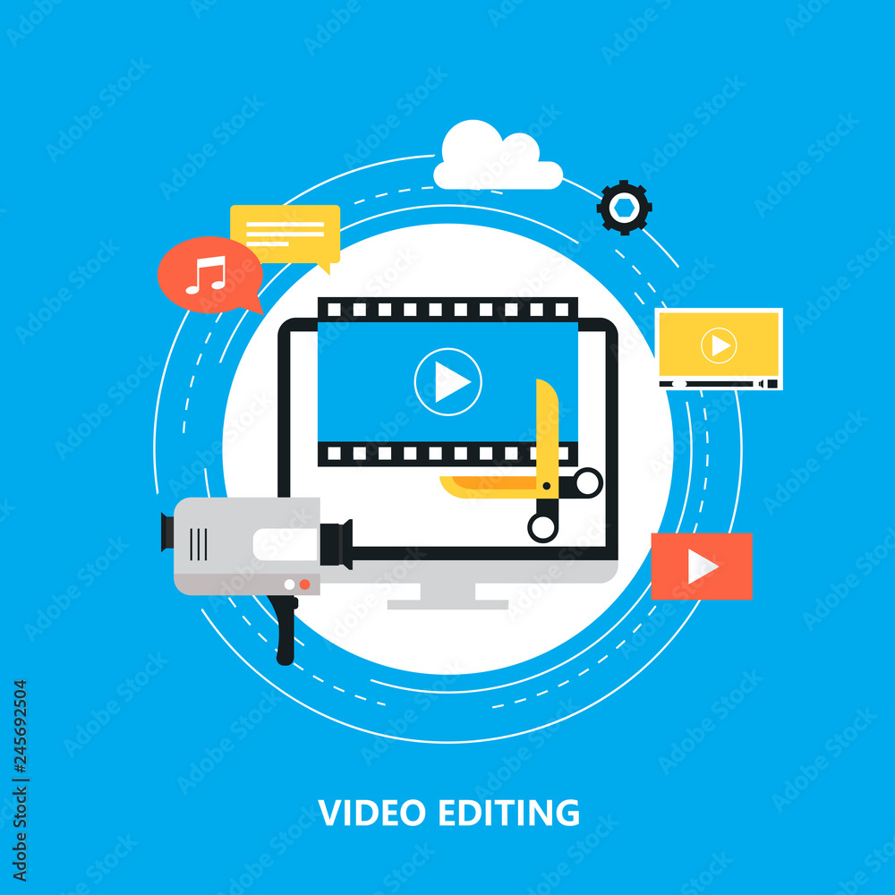 Fototapeta premium Video editing, video production, montage flat vector illustration design. Video editing tutorial design for web banners and apps
