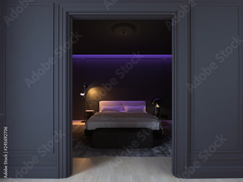 luxury minimal black bedroom with wood floor.