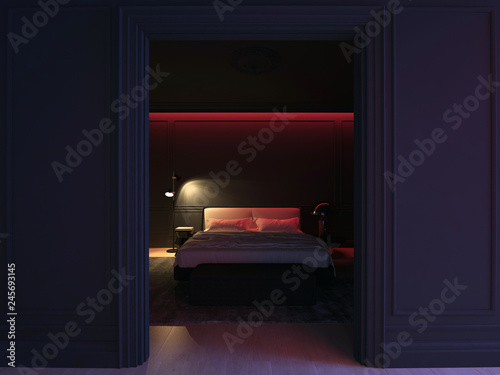 luxury black bedroom with red sexy light. 3D illustration