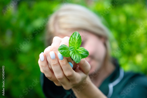 Cute young blonde girl holding green mint leaves in her hands (Environment and eco concept)