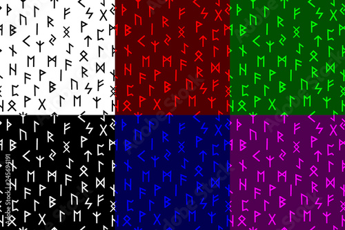 Elder Futhark runes seamless pattern, Older, Old or Germanic Futhark (black, white, red, blue, green, purple) background set,