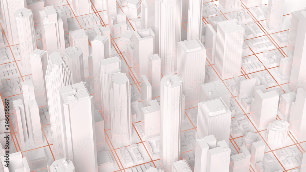 Obraz premium Digital 3d rendering city. Light trails symbolise data travelling in modern city.