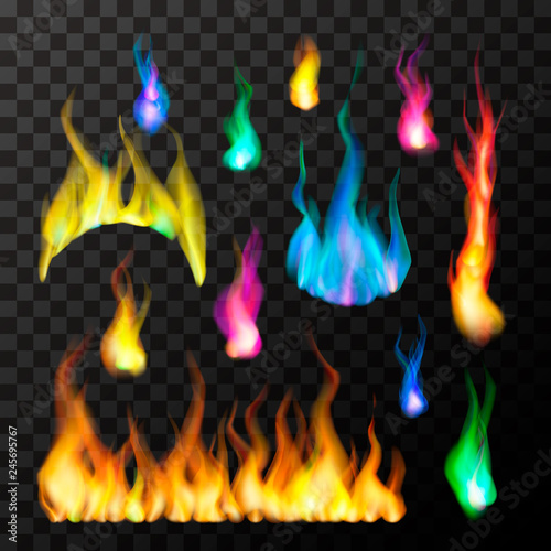 Set of bright magic fire flames in different colours on transparent