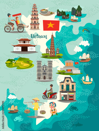 Vietnam map vector. Illustrated map of Vietnam for children/kid. Cartoon abstract atlas of Vietnam with landmark and traditional cultural symbols. Travel attraction icon