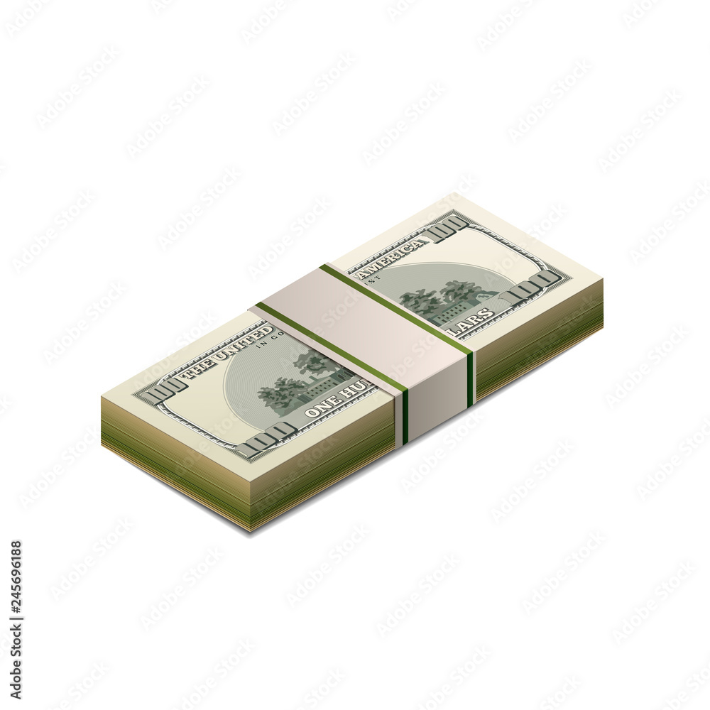 Stack of dummy one hundred US dollars banknote from back side in isometric view on white Stack of dummy one hundred US dollars banknote from back side in isometric view on white