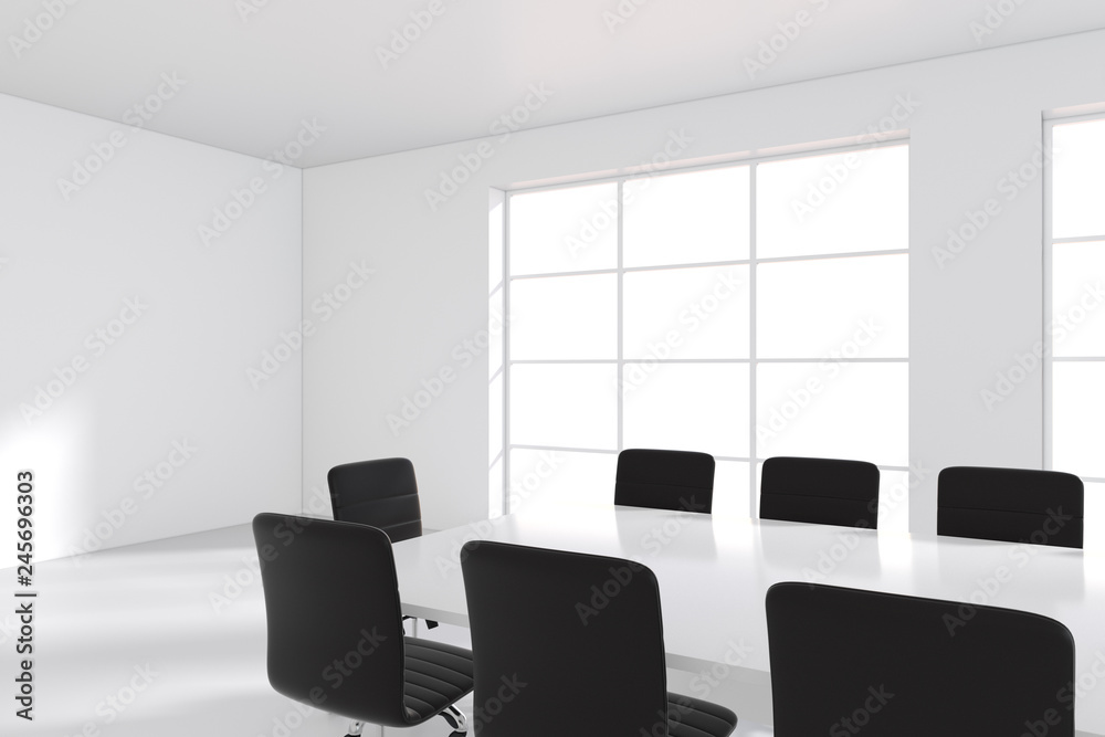 White meeting room with panoramic window. 3d rendering. White meeting room with panoramic window. 3d rendering.
