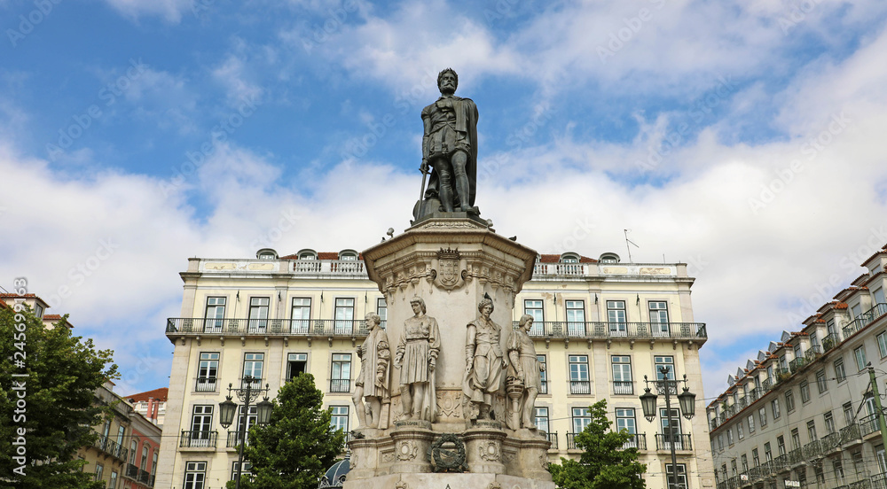 View on the statue of Luis de Camoes on the square in Lisbon city, Portugal