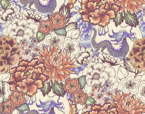 vintage seamless asian traditional patterns. Japanese painted flowers peonies...