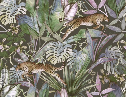 Fototapeta Naklejka Na Ścianę i Meble -  Tropical seamless pattern with tropical flowers, banana leaves and panther, leopard, cougar, wildcat