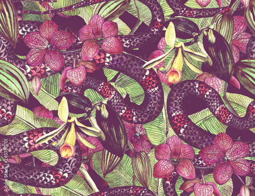 Tropical seamless pattern with tropical flowers, banana leaves and a snake photo