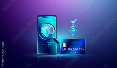 Online payment via credit card protection on smartphone concept. Electronic bill, secure online shopping pay through smartphone and internet banking