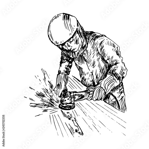 Man in protective helmet and gloves with angle grinder in hands grind, dub (level) surface, hand drawn doodle, sketch, black and white vector illustration